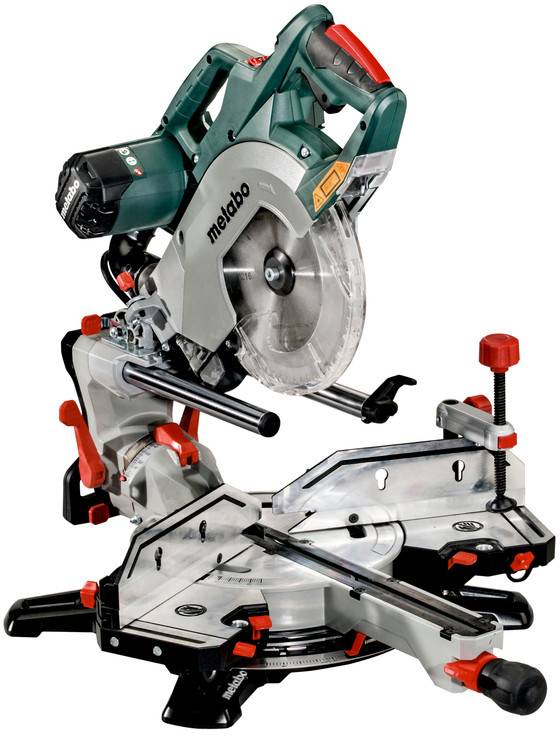 Eine Metabo Kappsäge mit Kreissägeblatt, Doppelschienen und verstellbarem Anschlag zum Sägen von Holz bei Gehrungsschnitt- und Querschnitt-Einstellungen.