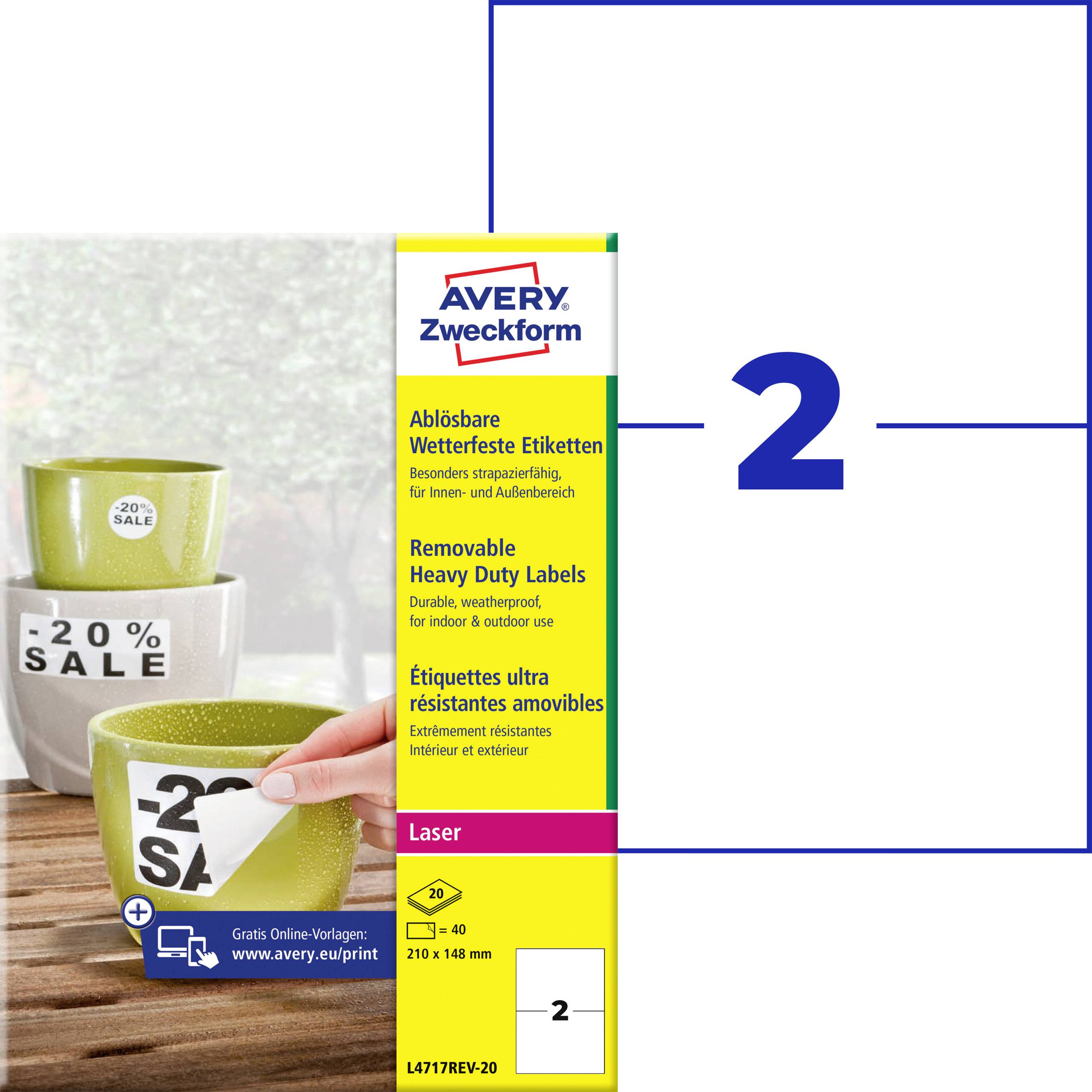 Avery Zweckform ablösbare Hochleistungs-Etiketten, laserdrucker-kompatibel, Größe 210 x 148 mm, gezeigt als Produktpackung mit einer Hand, die ein Etikett von einer Tasse abzieht.