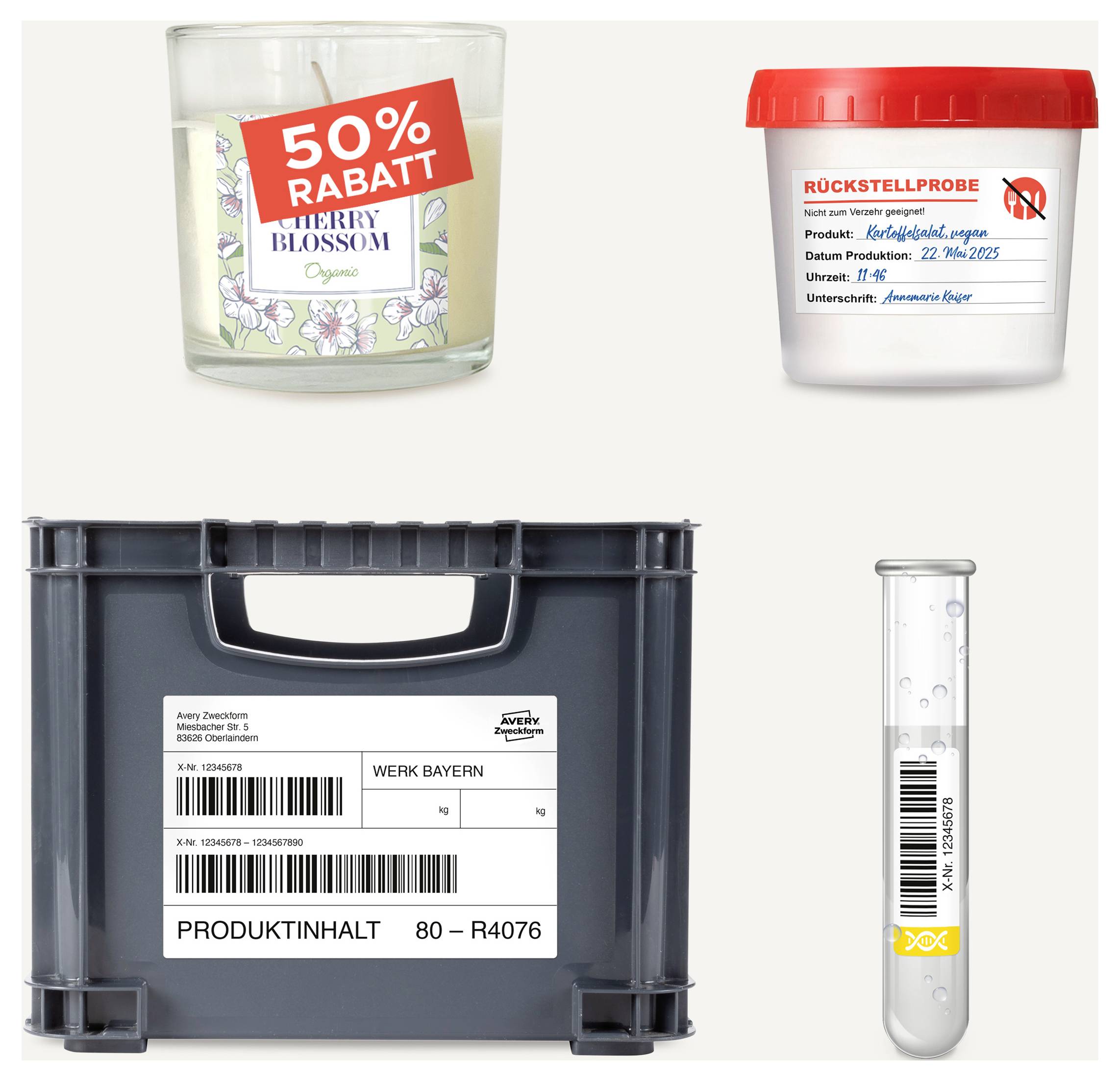 Vier Produktverpackungen mit Etiketten: Duftkerze mit '50% RABATT', Rückstellprobe-Behälter, Transportkasten 'PRODUKTINHALT' und ein Probenröhrchen mit Barcode.