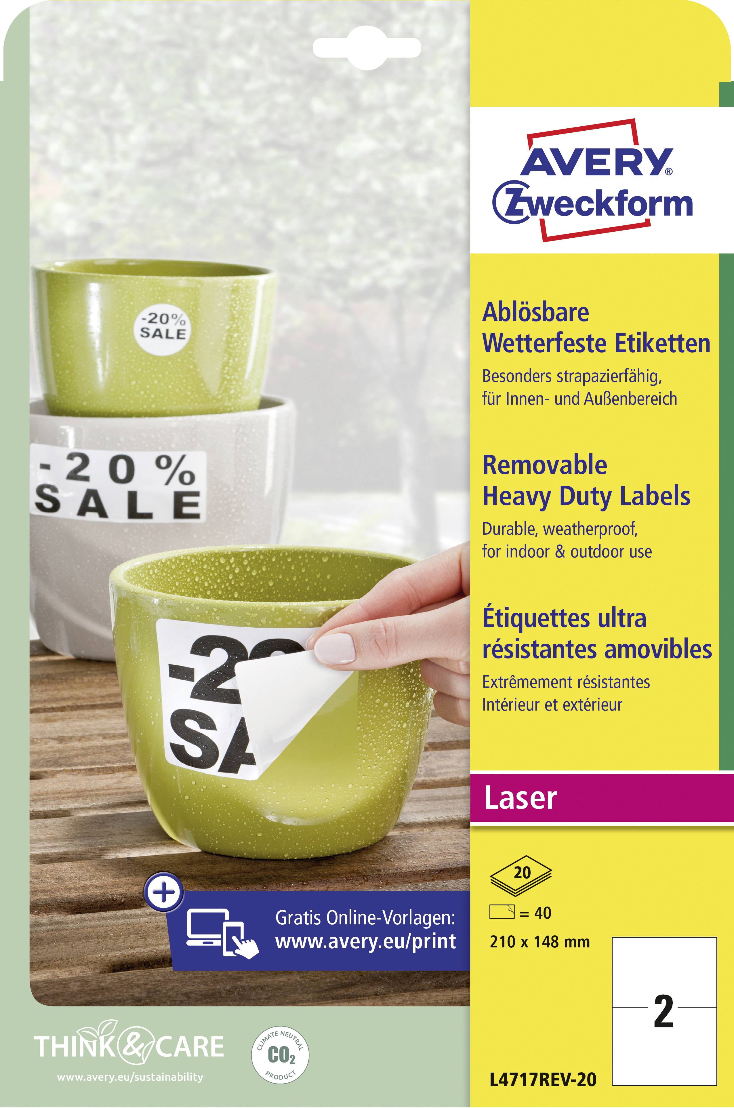 Avery-Zweckform L4717REV-20 Folien-Etiketten 210 x 148mm Polyester-Folie Weiß 40 St. Wiederablösbar Farblaserdrucker