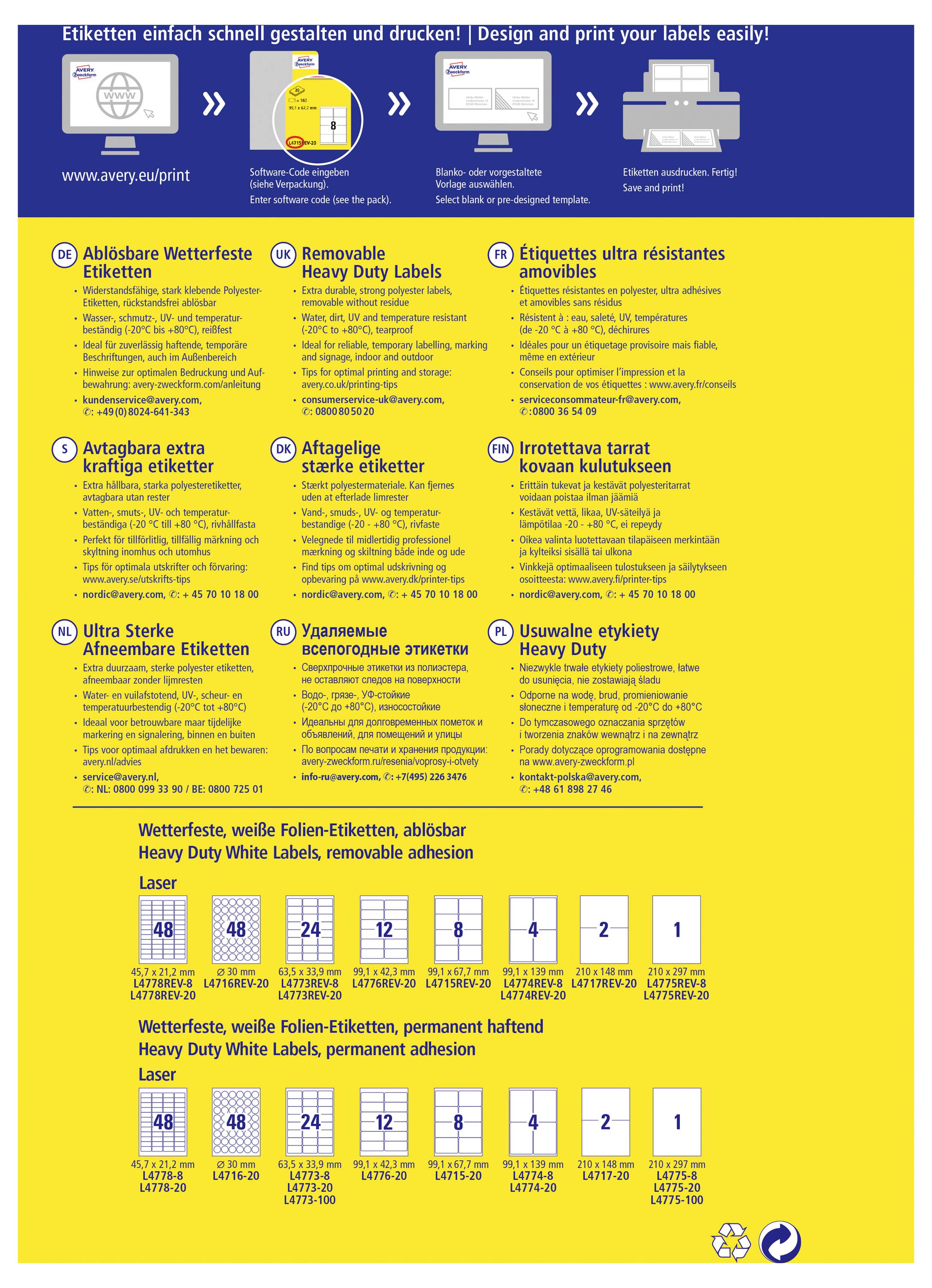 Etikett-Druckplakat von Avery Zweckform für wasserfeste weiße Filmetiketten, organisiert nach abnehmbaren und permanenten Klebstofftypen mit Größenoptionen und Etikettanzahlen.