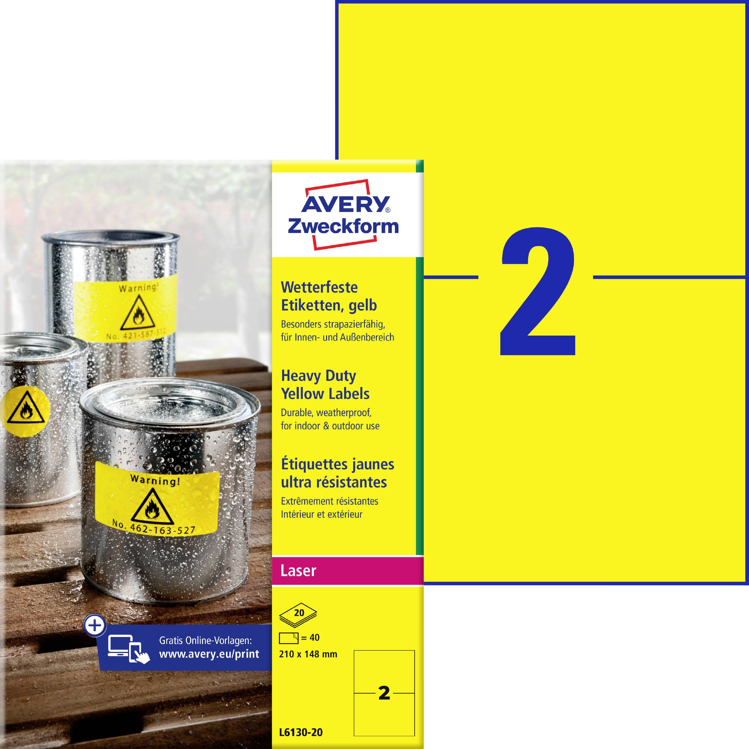 Paket Avery Zweckform gelbe Hochleistungs-Laserbeschriftungen, Größe 210 x 148 mm, mit einer großen blauen Nummer 2 in der Blattvorschau.