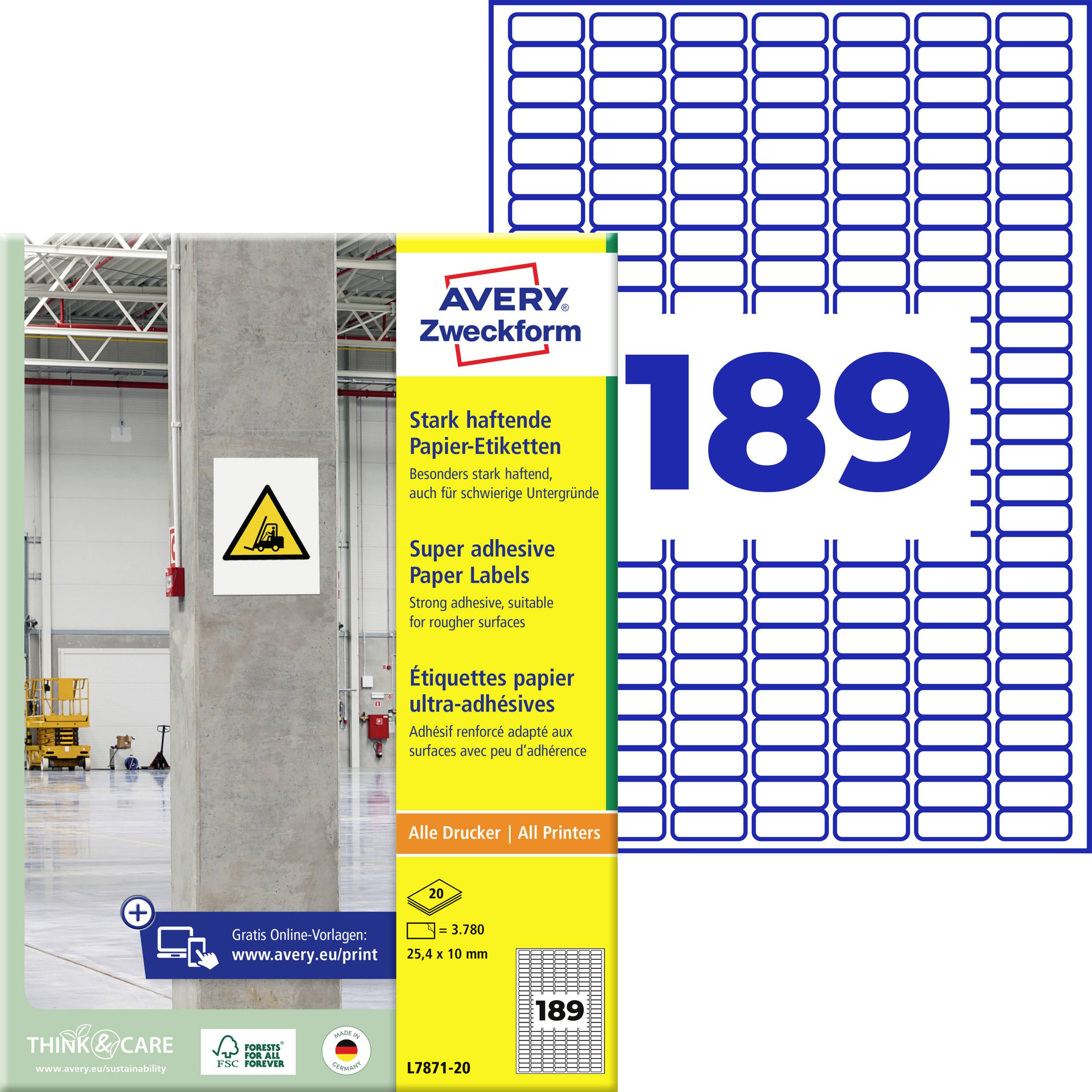 Avery Zweckform Super-Haftetiketten, Produktpackung 189 für alle Drucker, dargestellt mit Etikettenbogen und Bodenhazard-Warnschild im Lagerhaus.