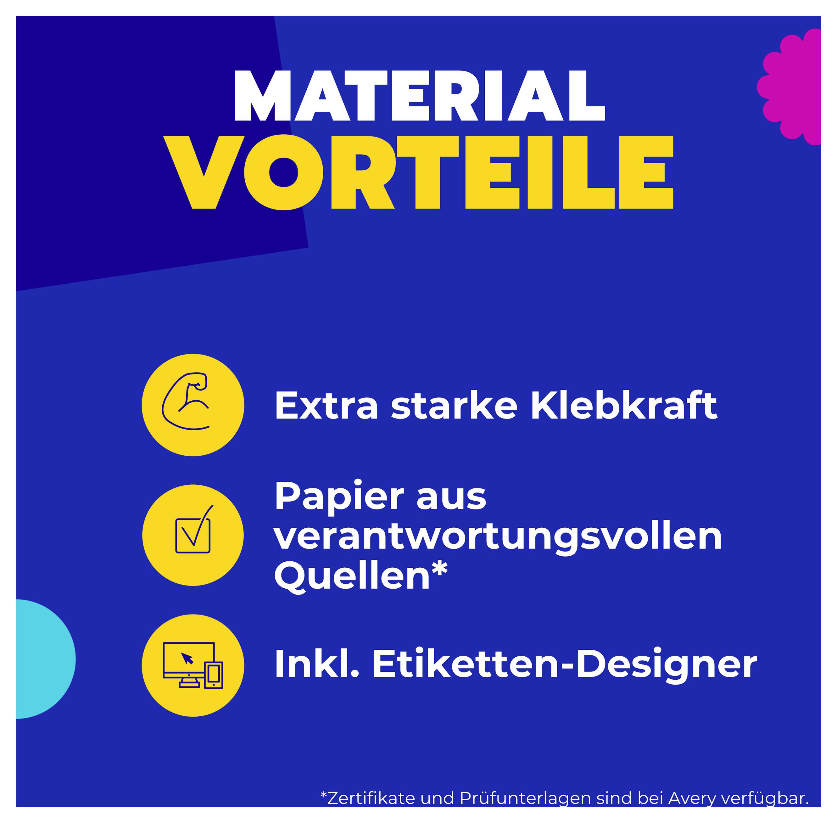 Infografik 'Material Vorteile' mit drei Punkten: extra starke Klebkraft, Papier aus verantwortungsvollen Quellen und inkl. Etiketten-Designer.