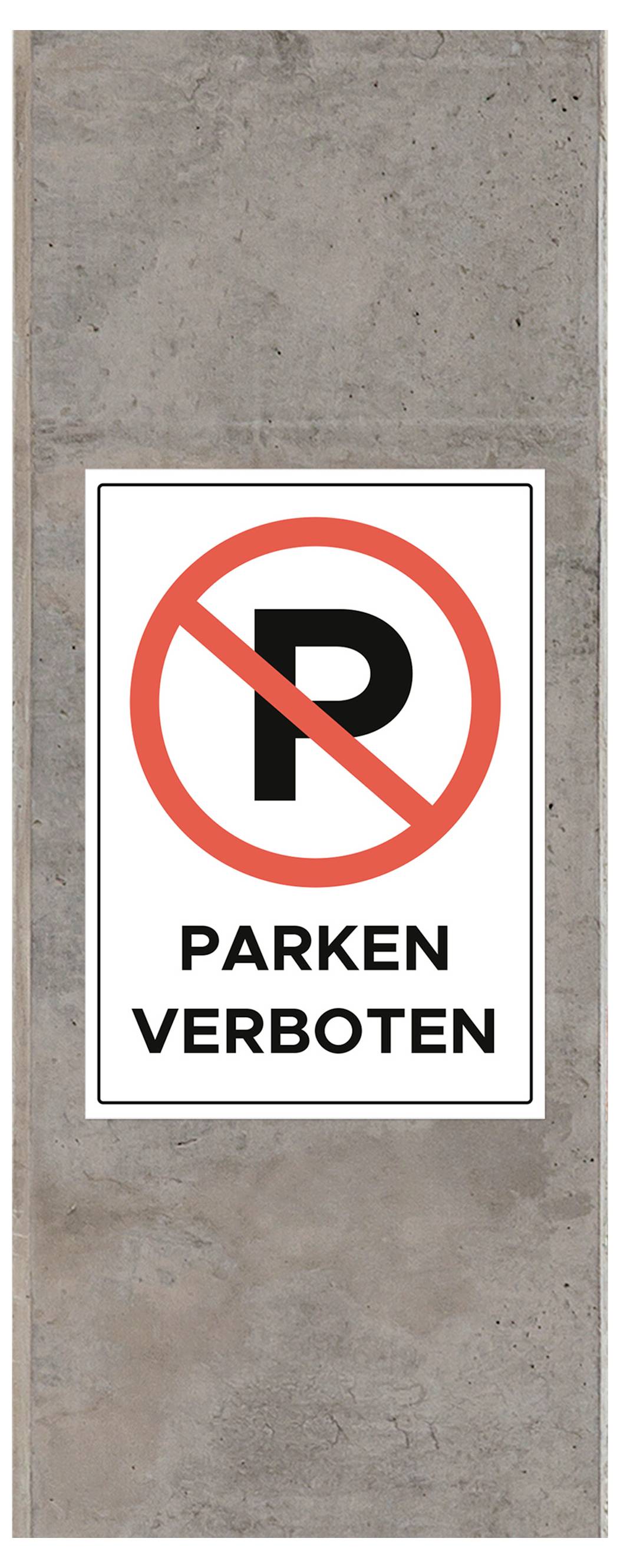 Schilder mit rotem Verbotssymbol über dem Buchstaben P und der Aufschrift 'PARKEN VERBOTEN' an einer Betonwand.