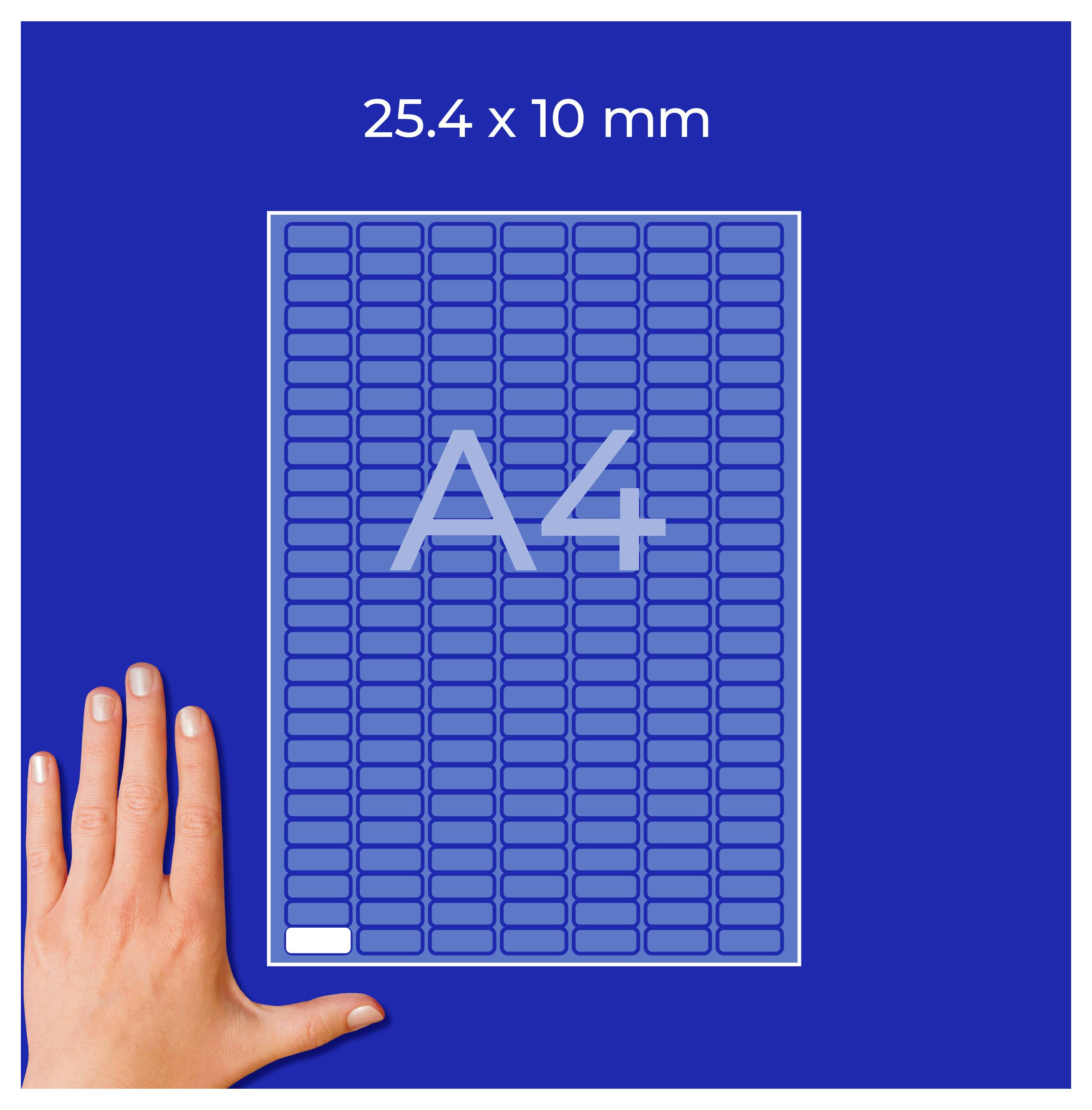 A4-Format mit Maßen 25,4 × 10 mm, dargestellt als blaues Blatt mit Raster; Hand zeigt die Größenrelation.