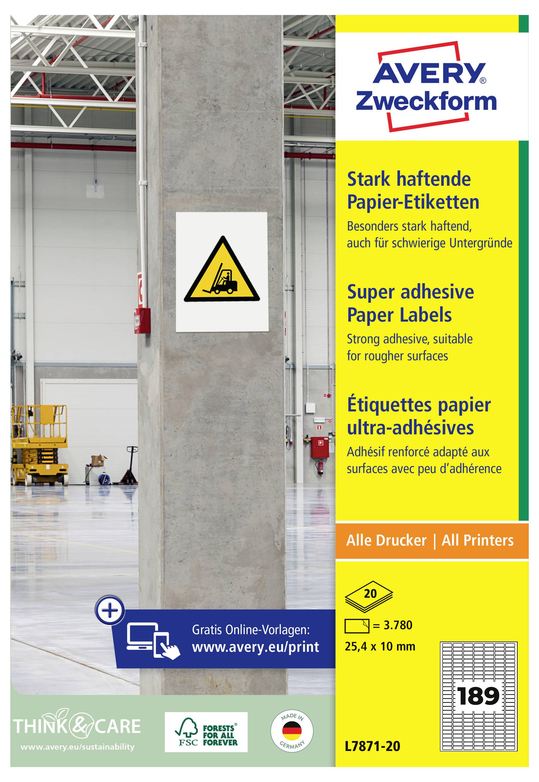 Avery Zweckform Haftetiketten aus Papier an einem Plakat neben einer Lagerhallensäule, mit der Warnung „Stark haftende Papier-Etiketten