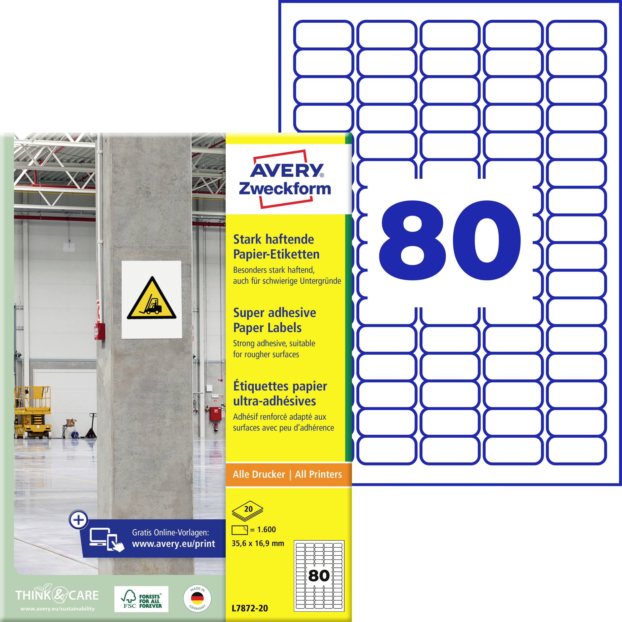 Avery Zweckform 80 Ultrahaft-Papieretikett-Packung neben einem Industrie-Warnschild auf einer Säule dargestellt, was auf Etiketten für raue Oberflächen hindeutet.