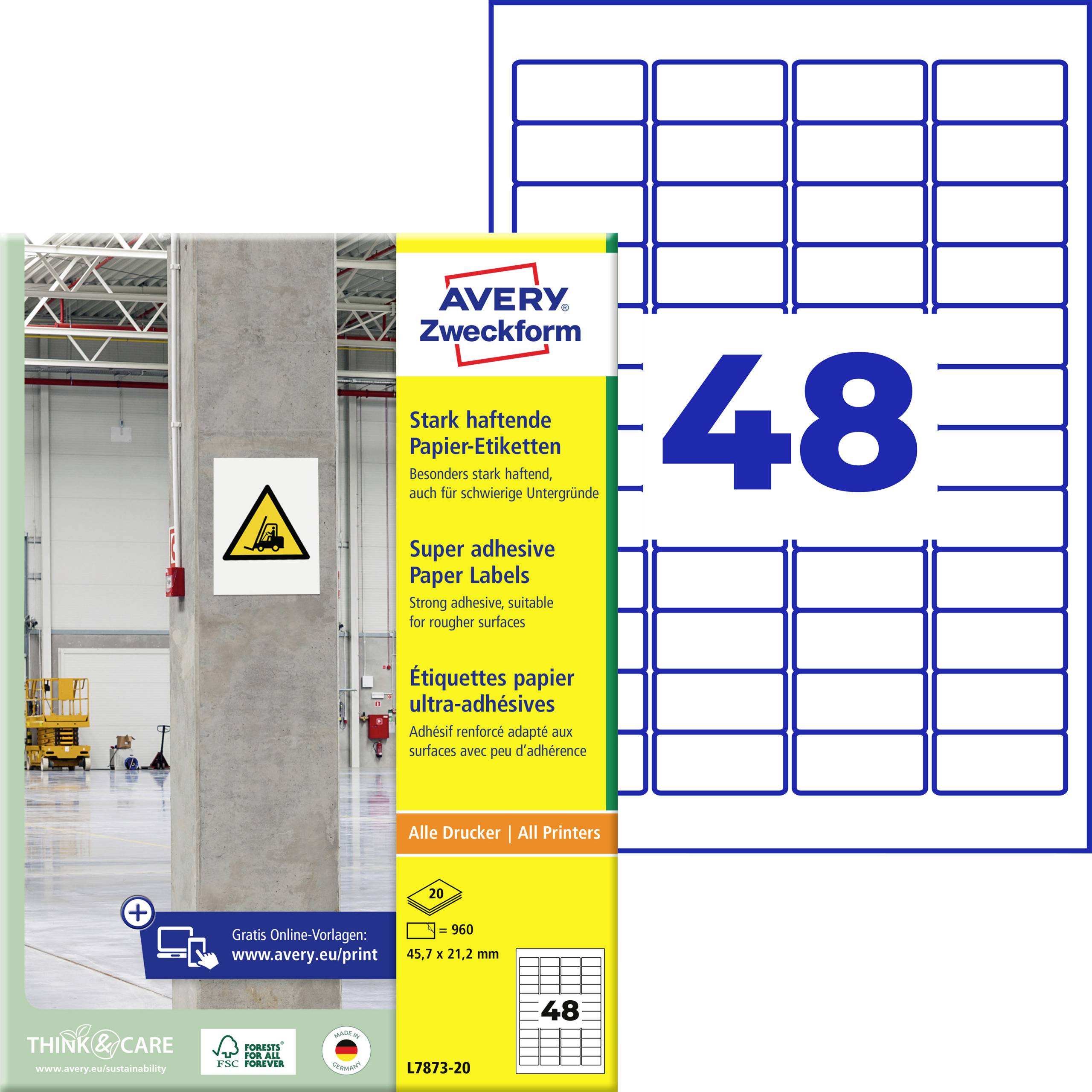 Avery Zweckform 48er-Packung für Drucker mit Bodenlageretikett und Etikettenbogenaufbau mit 48 Rechtecken.
