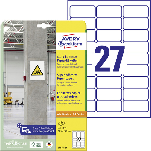 Avery-Zweckform L7874-20 Kraftkleber-Etiketten 63.5 x 29.6mm Papier Weiß 540 St. Permanent haftend, Stark haftend