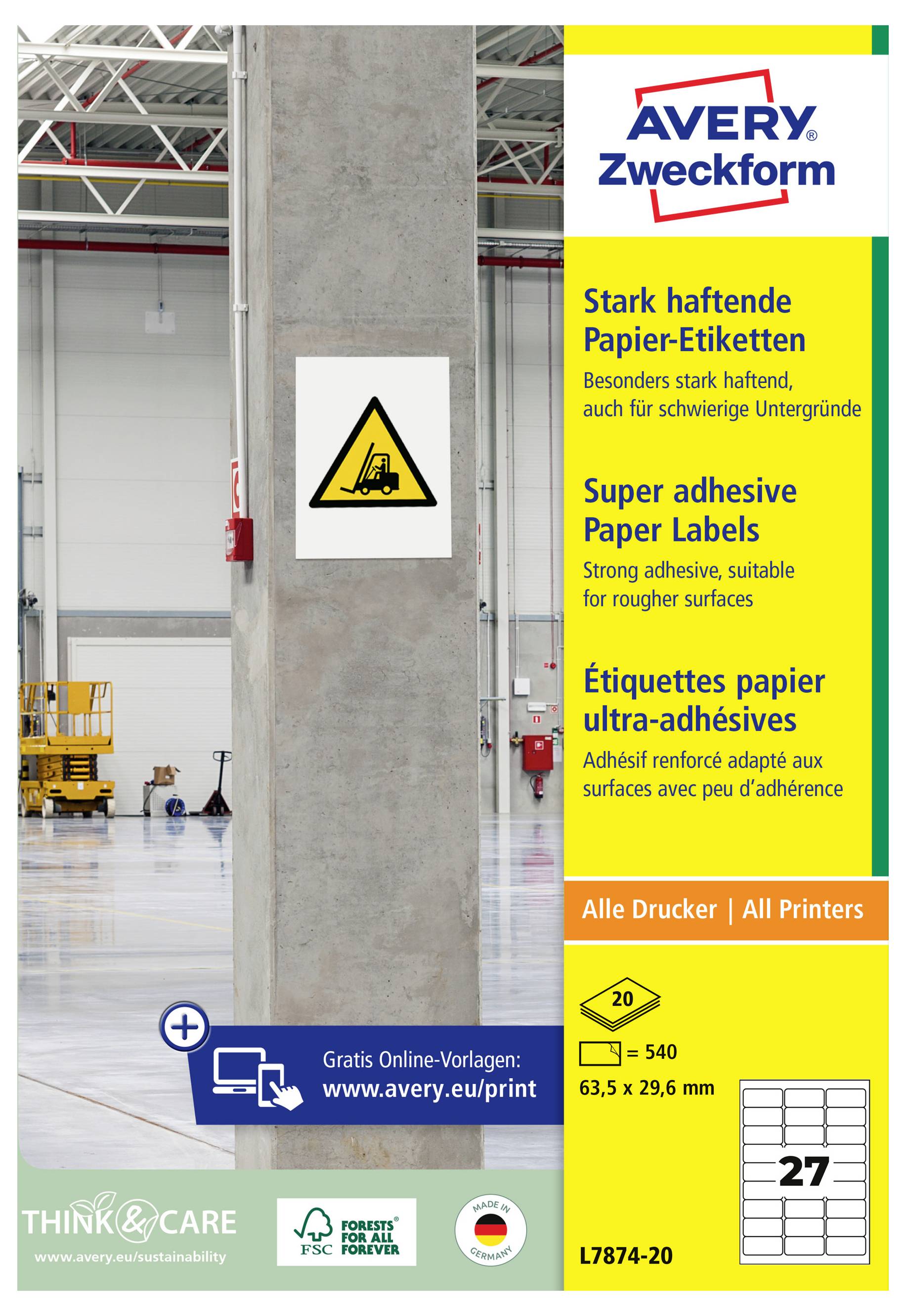 Produktetikett für Avery Zweckform Super-Klebepapieretiketten, dargestellt neben einer Lagerhallenstütze mit einem Warnsignal.