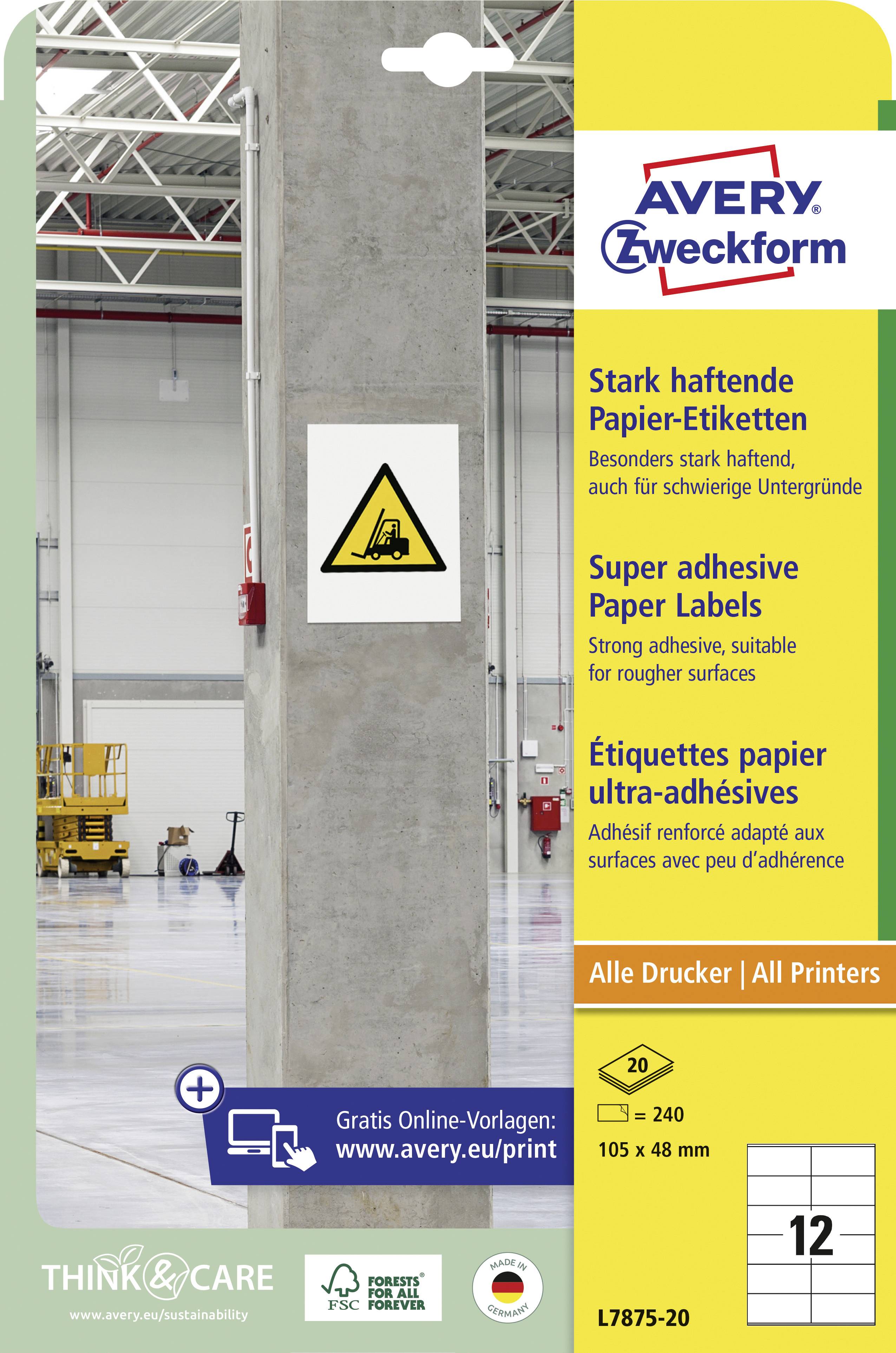 Avery-Zweckform L7875-20 Kraftkleber-Etiketten 105 x 48mm Papier Weiß 240 St. Permanent haftend, Stark haftend