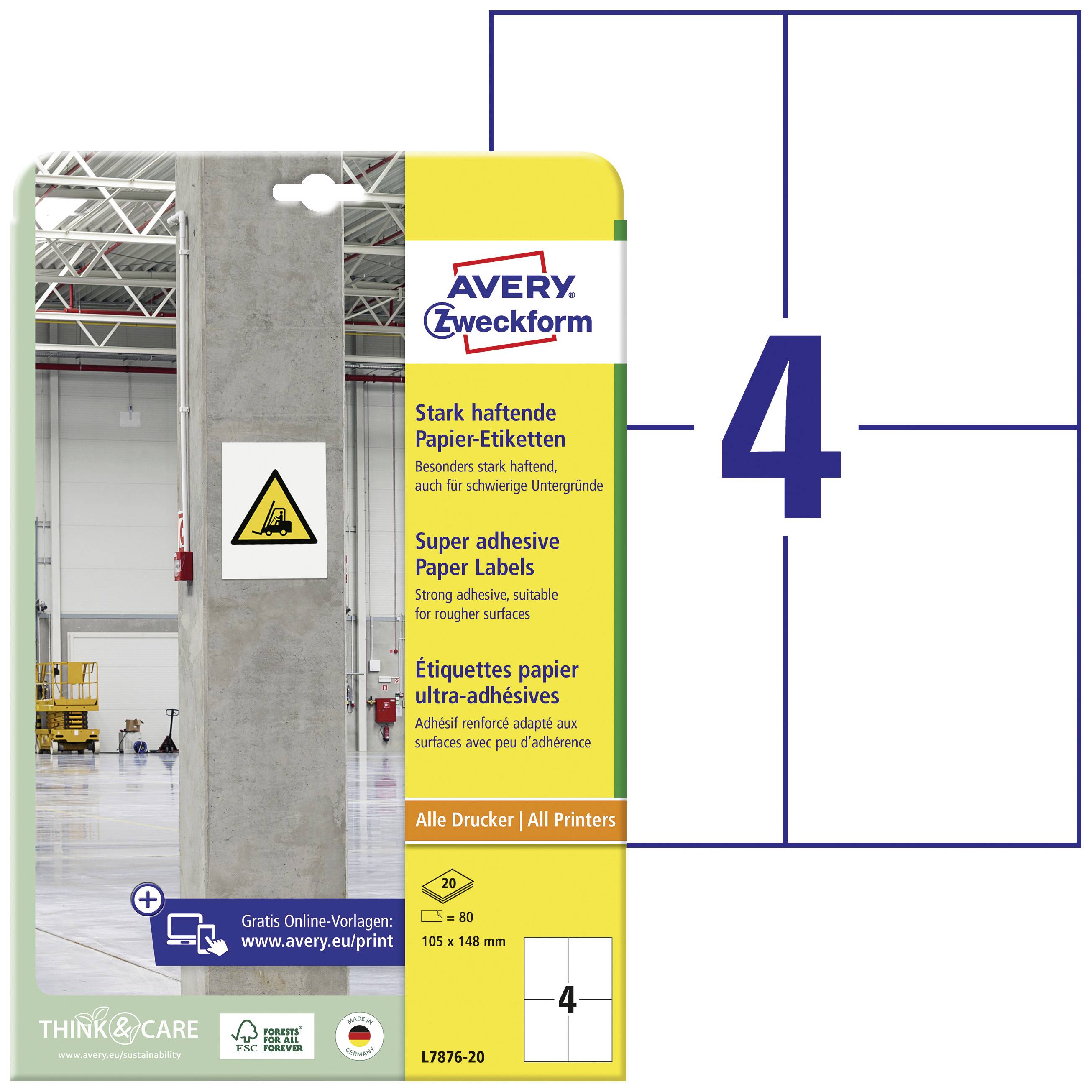Der Bild zeigt eine Packung Avery Zweckform stark haftende Papier-Etiketten, die für alle Drucker geeignet sind, L4787-20, Format 105 x 148 mm, 80 etiketten pro Packung.