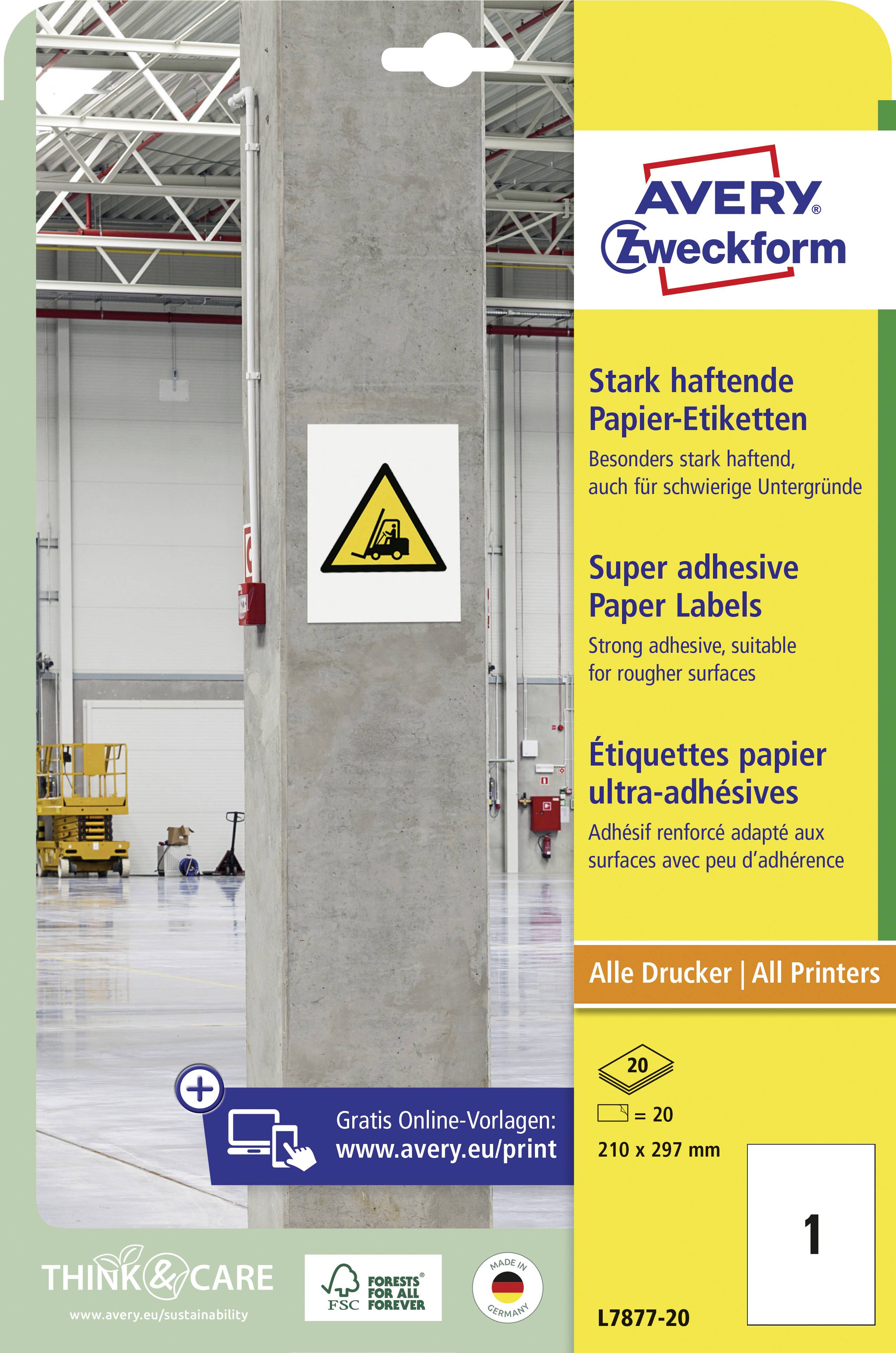 'Super haftende Papier-Etiketten' für raue Flächen. Geeignet für alle Drucker, Größe 210 x 297 mm, 20 Etiketten.