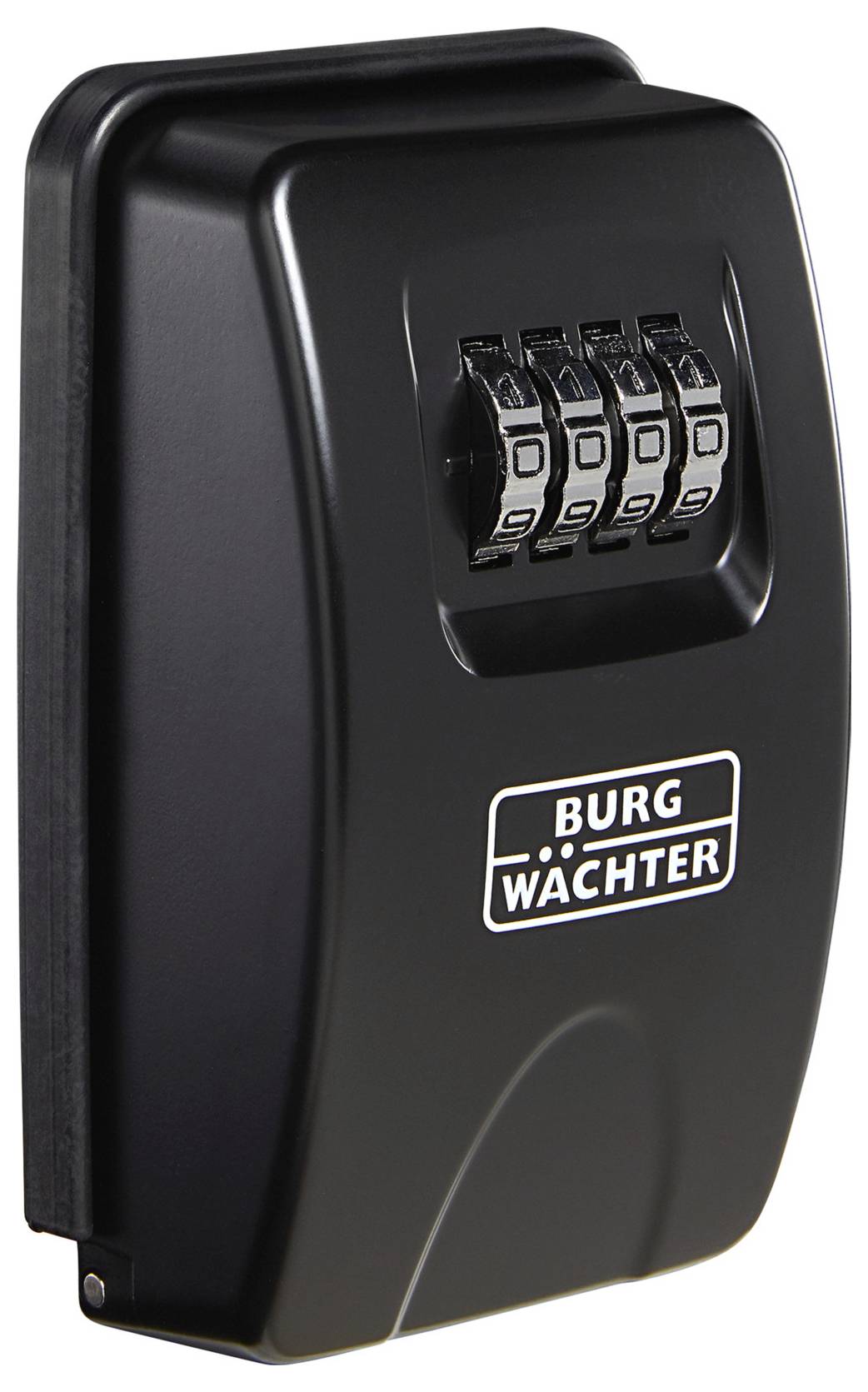 Schwarzer Schlüsselsafe mit Zahlencode, Marke 'Burg Wächter', bietet sicheren Aufbewahrungsort für Schlüssel, an Wand montierbar.