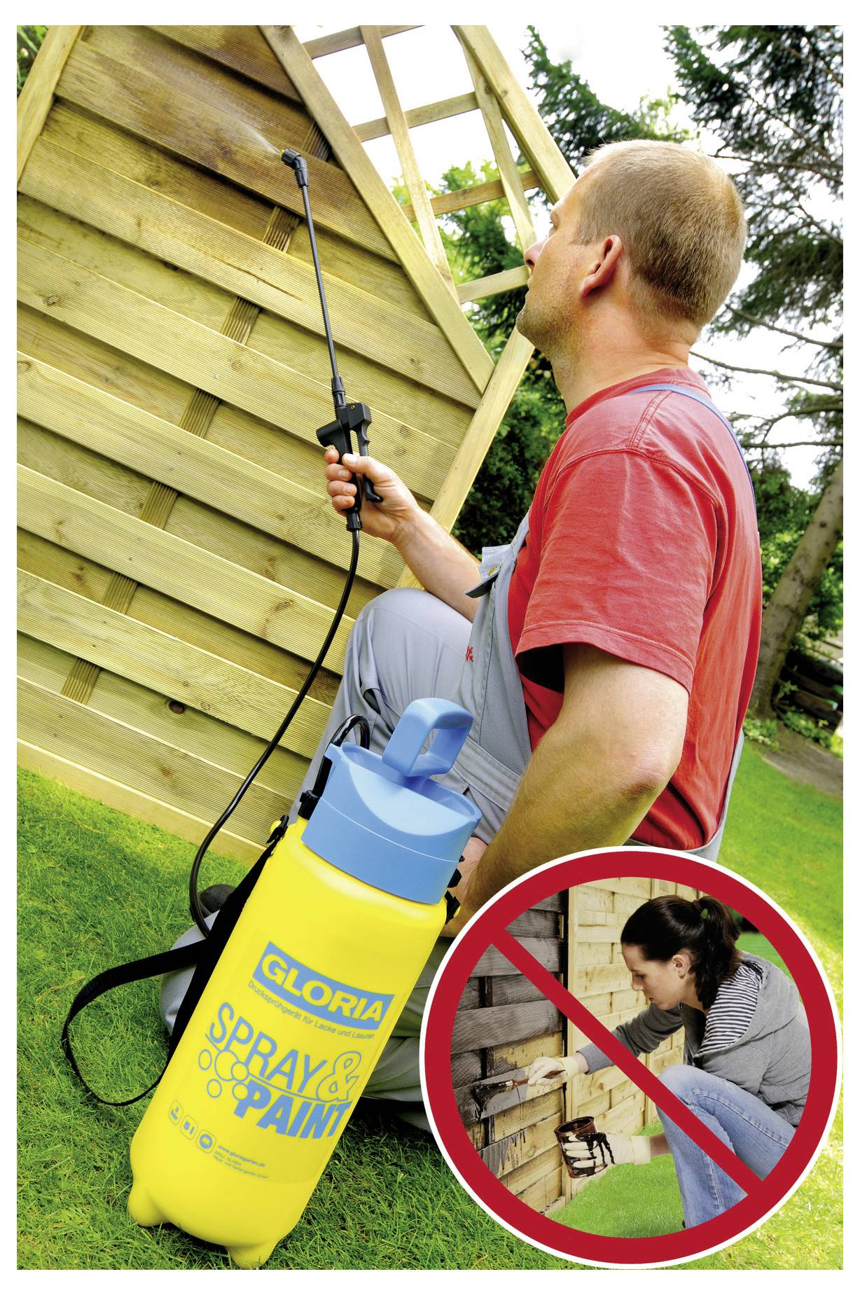Ein Mann benutzt eine Drucksprühanlage zum Anstreichen einer Holzkonstruktion; eine Einfügung zeigt eine Frau, der das Sprühen in der Nähe eines Kamins verboten ist, was darauf hinweist, dass es nicht im Innenbereich verwendet werden darf.