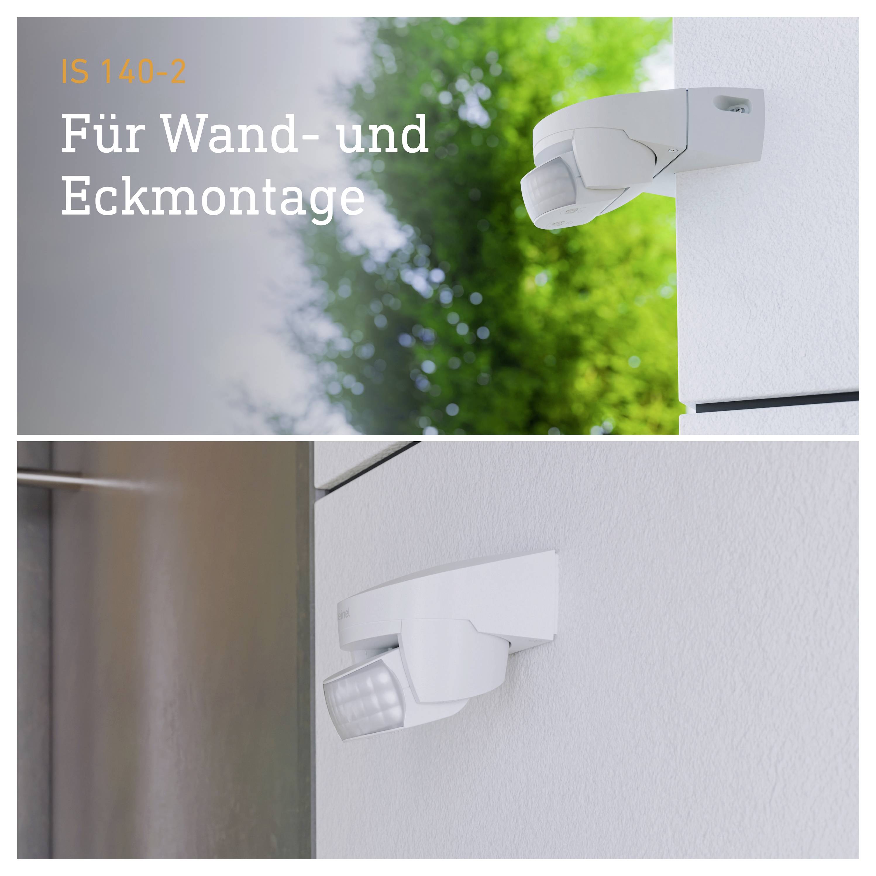 Bewegungsmelder für Wand- und Eckmontage, mit Text 'IS 140-2'.