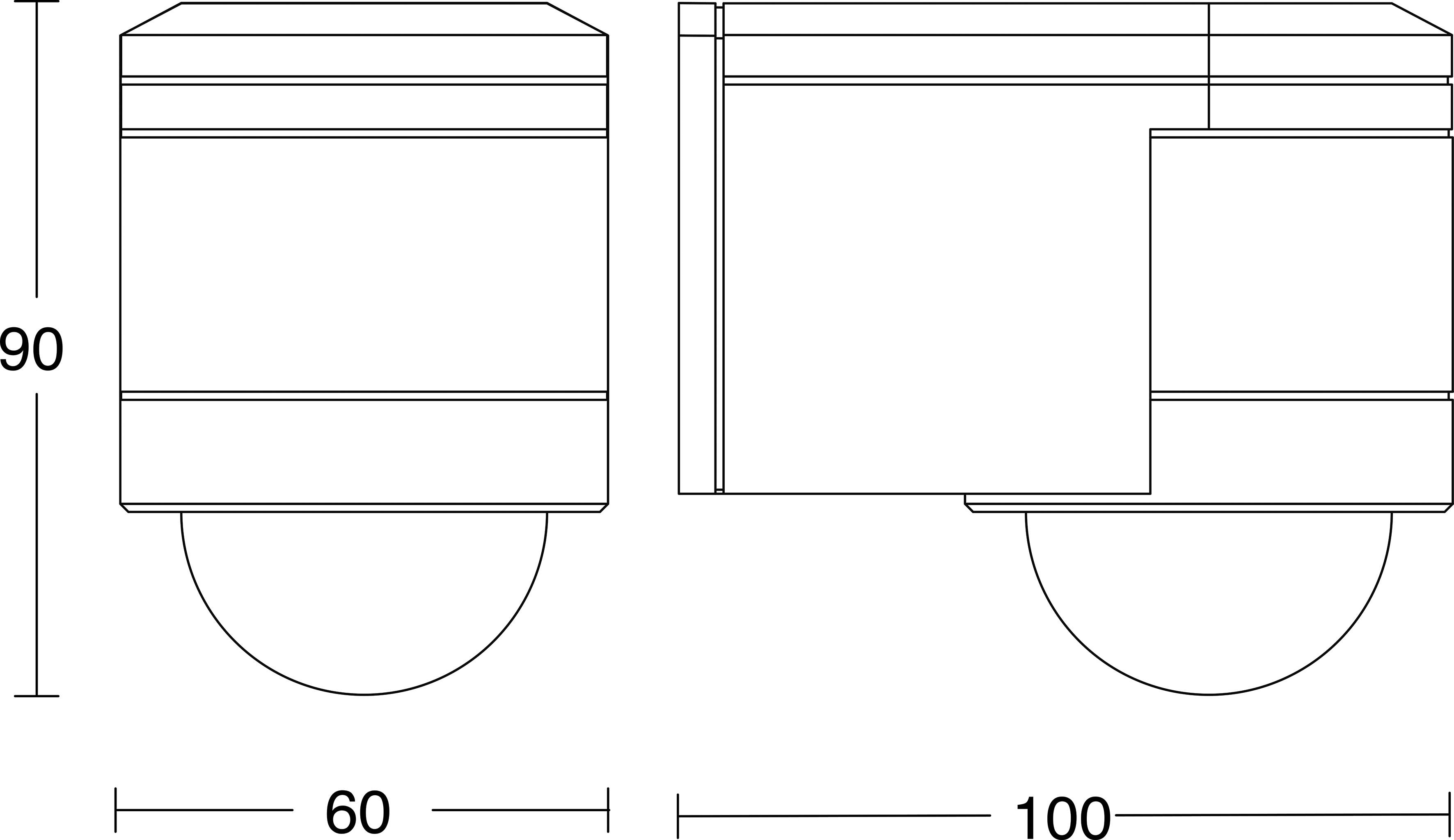 Technische Zeichnung einer zylindrischen Komponente dargestellt in Vorder- und Seitenansicht mit den Abmessungen 90, 60 und 100.