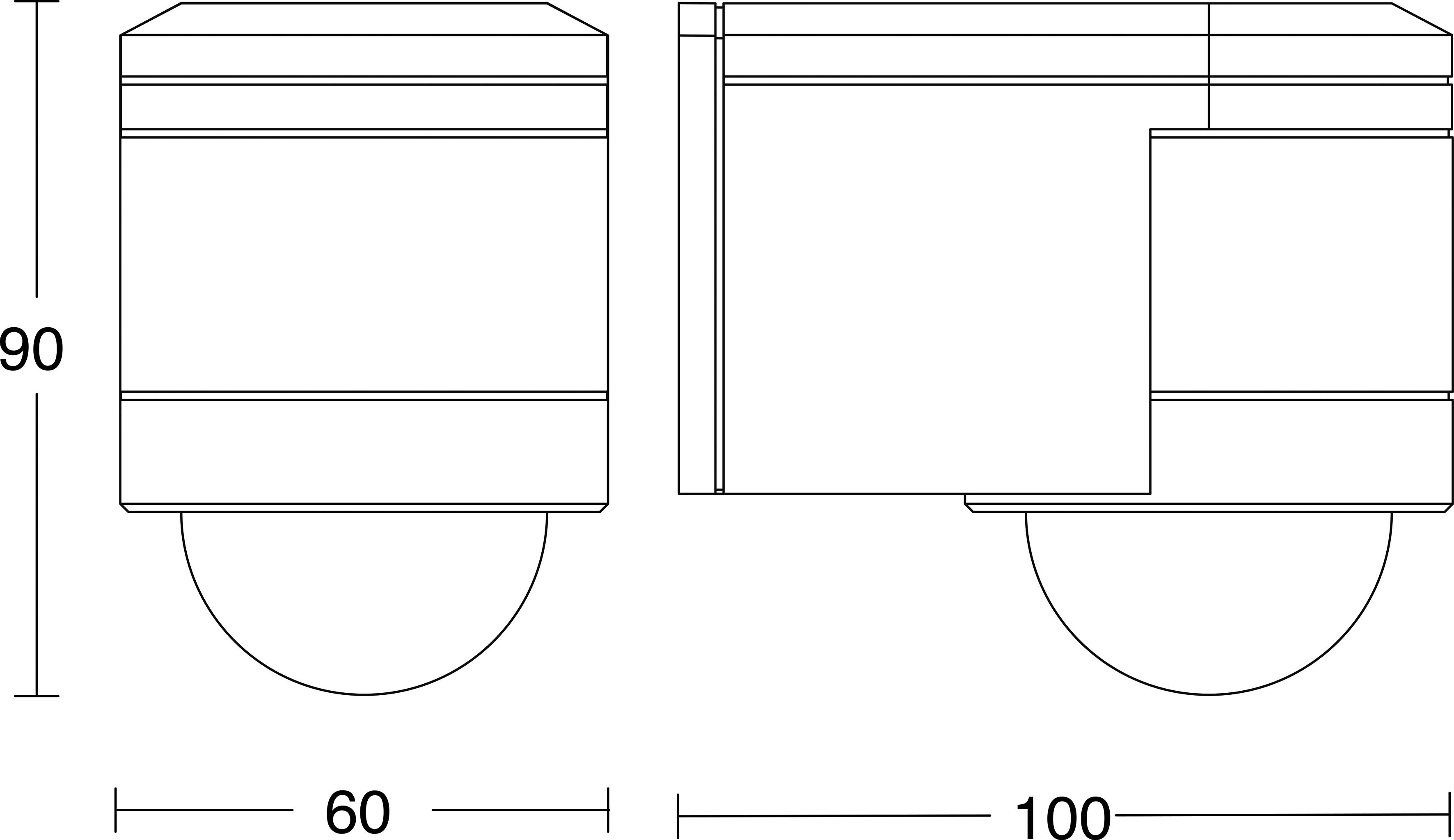 Technische Zeichnung eines zylindrischen Geräts dargestellt in Vorder- und Seitenansicht, mit beschrifteten Abmessungen 60 und 100 sowie Höhe 90.