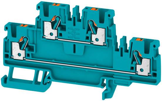 Ein blauer elektrischer Reihenklemmenblock mit Metallverbindern und orangenen Elementen, zur Befestigung auf einer Tragschiene.