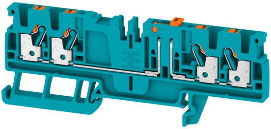 Ein blaues Reihenklemmenmodul mit metallischen Kontaktpunkten und orangefarbenen Druckknöpfen, wahrscheinlich für elektrische Verbindungen.