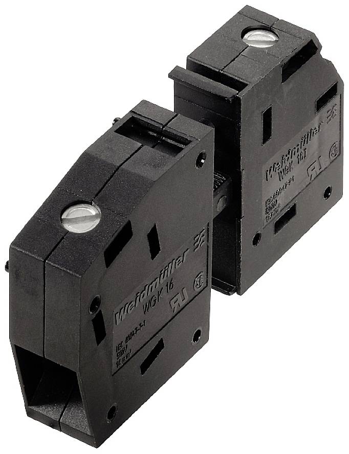 Zwei schwarze elektrische Trennklemmen, seitlich verbunden. Geeignet zur sicheren Verdrahtung in Elektroinstallationen.