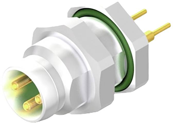 Weißer, sechseckiger Stecker mit zwei goldenen Metallstiften und grünem Dichtungsring, seitlich dargestellt.