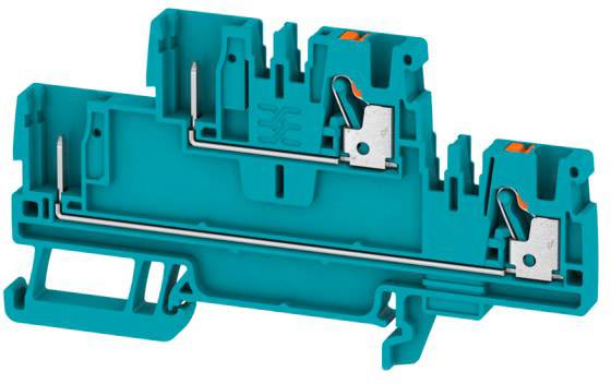 Ein blau-grüner elektrischer Reihenklemmenblock mit Metallanschlüssen. Er dient zur sicheren Verbindung von elektrischen Leitern.
