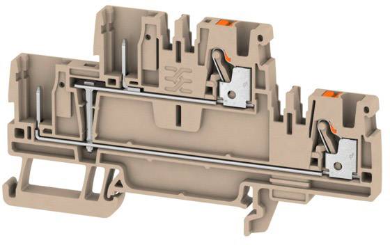 Eine beige Reihenklemme aus Kunststoff mit Metallelementen, die für den Anschluss elektrischer Leitungen in Schaltschränken verwendet wird.