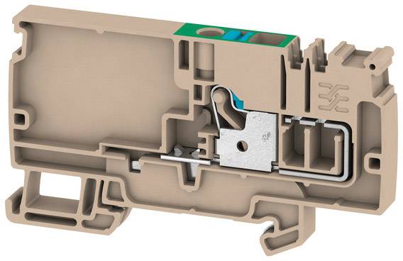 Querschnitt eines elektrischen Steckverbinders aus Kunststoff mit Metallkontakten, zeigt die interne Struktur zur Verbindung von Drähten.