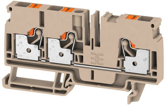 Zweireihige, beige Hutschienenklemme mit Steckverbindungen und silbernen Kontaktflächen, geeignet für elektrische Verdrahtungen.