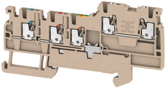 Beige Federklemme mit mehreren Metallkontakten und farbigen Markierungen oben, zur Verbindung elektrischer Leitungen in Schalttafeln.