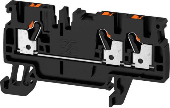 Ein schwarzer Doppelstockklemmenblock mit Metallkontakten und orangefarbenen Elementen. Hauptsächlich verwendet in elektrischen Schaltungen.
