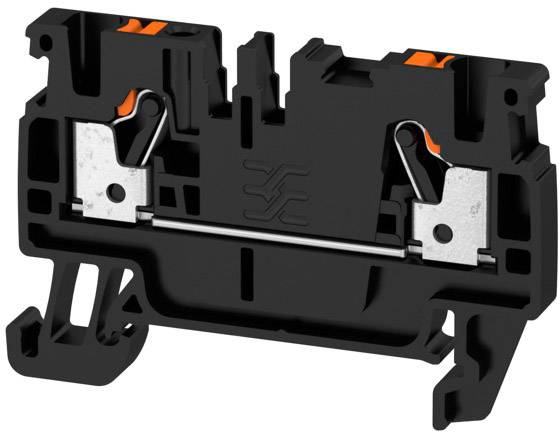 Schwarze Reihenklemme aus Kunststoff mit Metallverbindungen und orangen Elementen, dient zur elektrischen Verbindung in Schaltschrank.