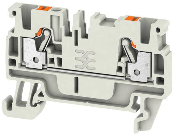 Graue Kunststoff-Reihenklemme mit zwei Hebelmechanismen und Metallteilen, zur Befestigung auf einer DIN-Schiene in elektrischen Schaltkästen.