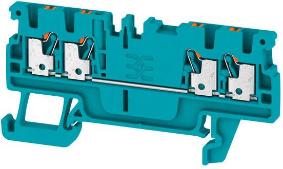 Blauer Reihenklemme mit vier Anschlussklemmen, jeweils mit Metallclips. Geeignet für elektrische Drahtverbindungen in Schaltschränken.