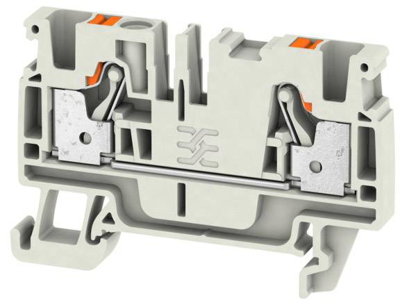 Graue elektrische Reihenklemme mit Metallverbindungen und orangen Markierungen oben, bereit zur Montage in einem Schaltschrank.