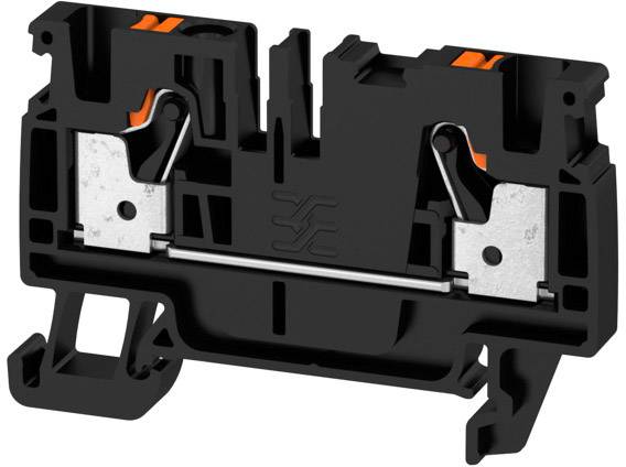 Ein schwarzer elektrischer Reihenklemmblock aus Kunststoff mit zwei metallischen Kontaktklammern und orangefarbenen Drückern.