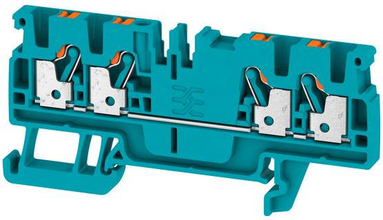 Zweistöckige Reihenklemme in türkis mit Metallverbindungen und orangefarbenen Hebeln, montiert auf einer Tragschiene.