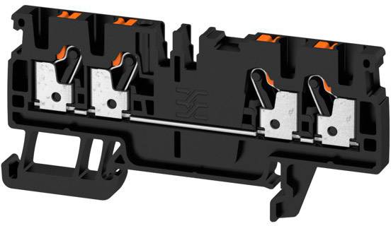 Ein schwarzer elektrischer Klemmblock mit mehreren orangefarbenden Hebeln, der zur Verbindung von Leitungen in elektrischen Anwendungen verwendet wird.
