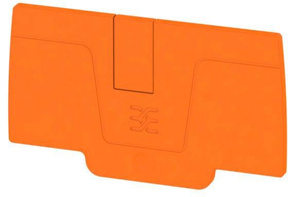 Ein orangefarbenes Kunststoffteil mit einem zentralen Verschlussmechanismus und einem geprägten Logo in der Mitte.