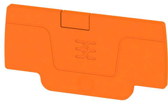 Ein orangefarbenes Kunststoffteil mit einem geprägten Logo in der Mitte.