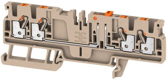 Doppeldeck-Reihenklemme mit Hebelmechanismus in Beige. Geeignet zur Installation in elektrischen Schaltschränken.