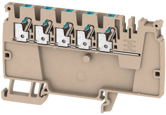 Mechanische Klemme mit fünf Anschlussstellen, beige Gehäuse, für elektrische Verbindungen.