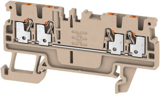 Beige Klemmenblock mit Metallkontakten und Hebel, zur Verwendung in elektrischen Installationen.