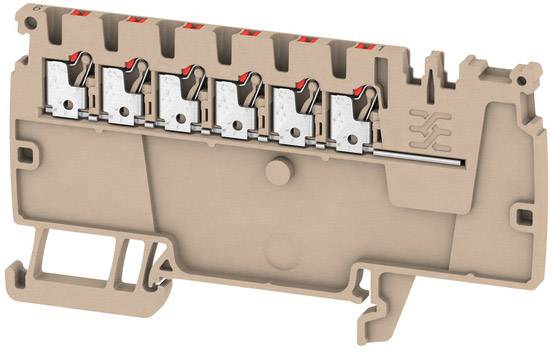Elektronisches Bauelement mit sechs weißen Hebeln in einer braunen Halterung, verwendet für elektrische Verbindungen.
