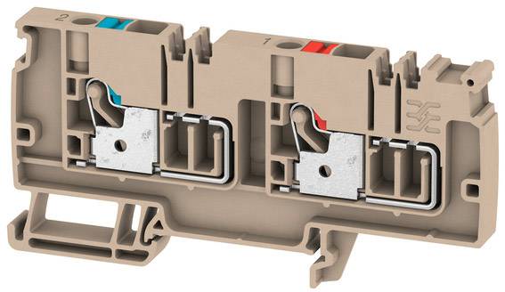 Beigefarbene elektrische Klemme mit zwei Steckplätzen. Ein Steckplatz ist blau markiert, der andere rot.