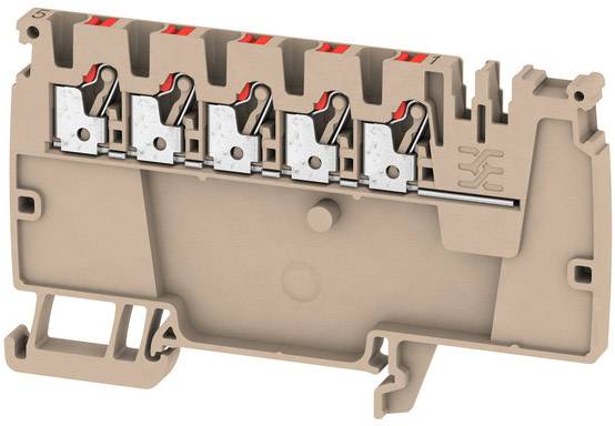Beige Stromschiene mit fünf Klemmen, Hebel und Anschlüssen. Geeignet für elektrische Verdrahtung in Schaltschränken.