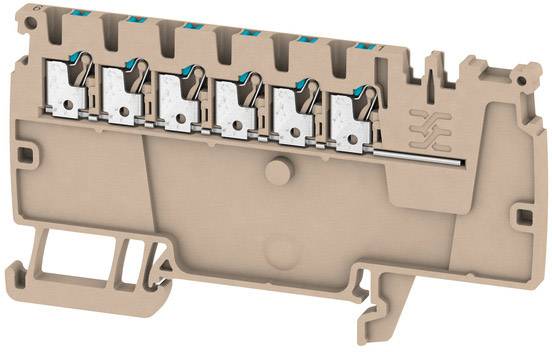 Braunes, mehrpoliges Elektroanschlussmodul mit fünf silbernen Klemmen oben und blauer Isolierung, geeignet für DIN-Schienenmontage.