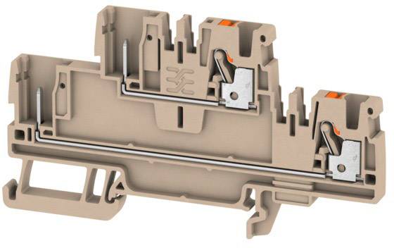 Braune elektrische Klemmenleiste aus Kunststoff mit metallischen Kontakten und Klemmmechanismus.